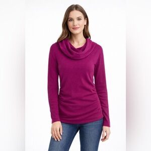 Elie Tahari 100% Cashmere Cowl Neck Sweater Ruching on Side Magenta Size Small